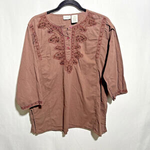 Brown Beaded Cotton Tunic Top Blouse 3/4 Long Sleeve Womens L‎ Forest Fairy Boho